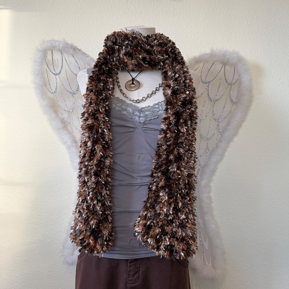 Y2K Eyelash Fuzzy Shaggy Fringe‎ Scarf Brown Tan White Textured 90s Whimsygoth